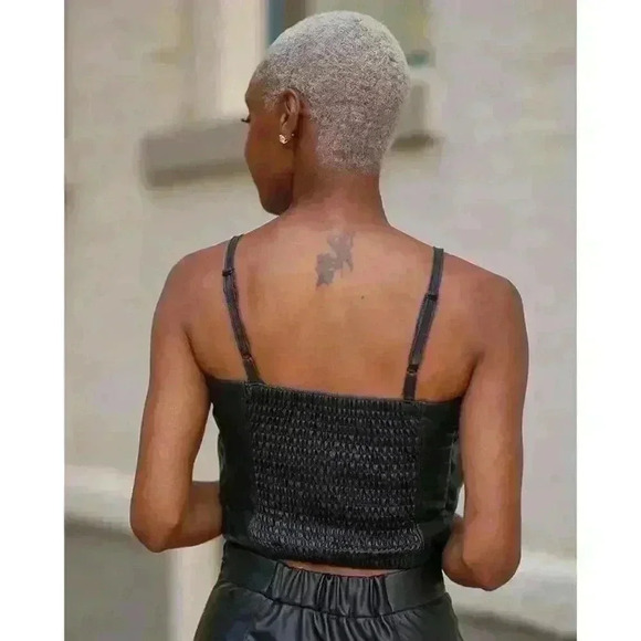 NWT The Drop Women's Black Faux Leather Bow Front Top by Signed Blake, Size S - Picture 4 of 16